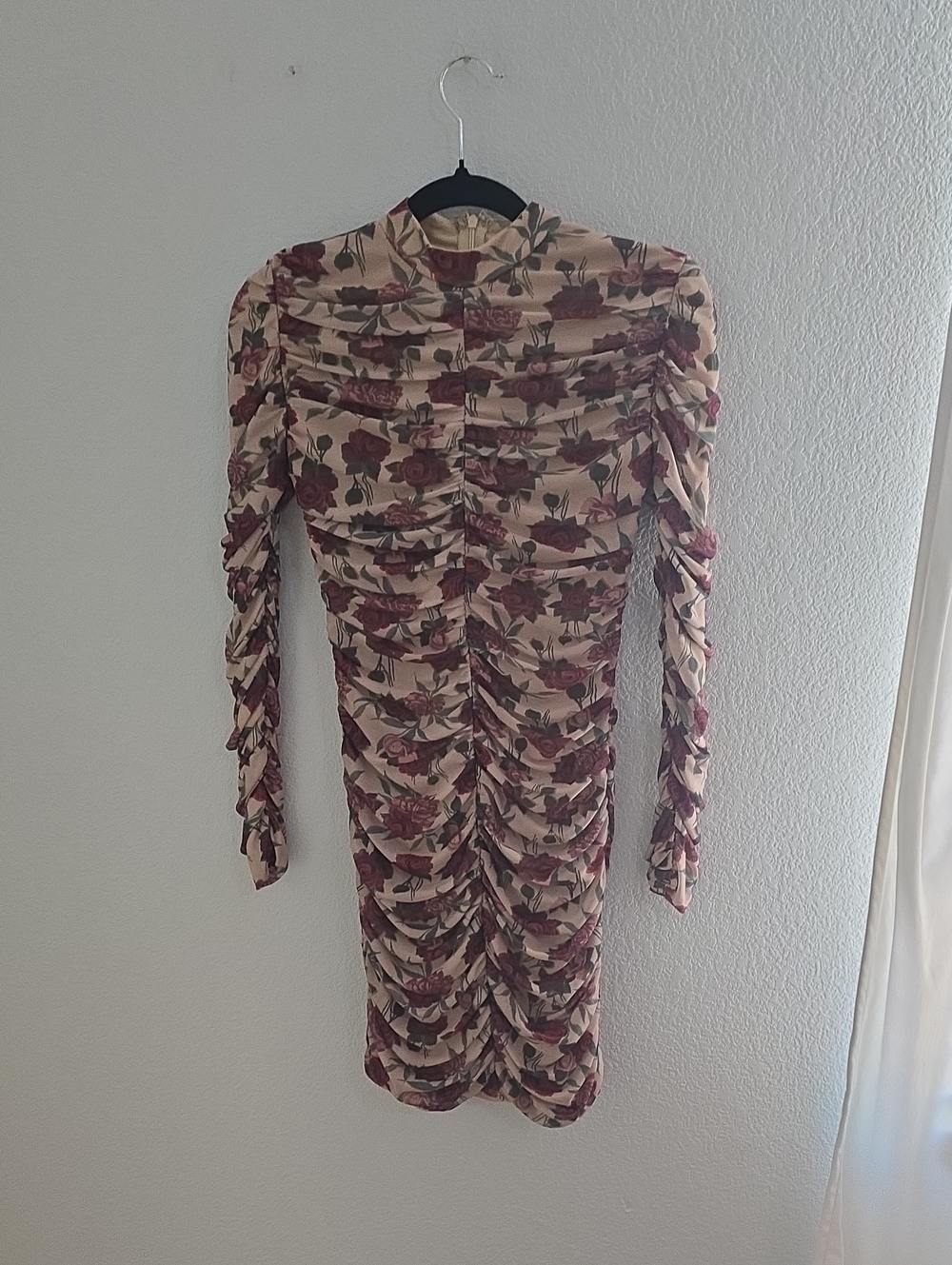VENUS Ruched Floral Long-Sleeve Mini Dress in Beige and Burgundy